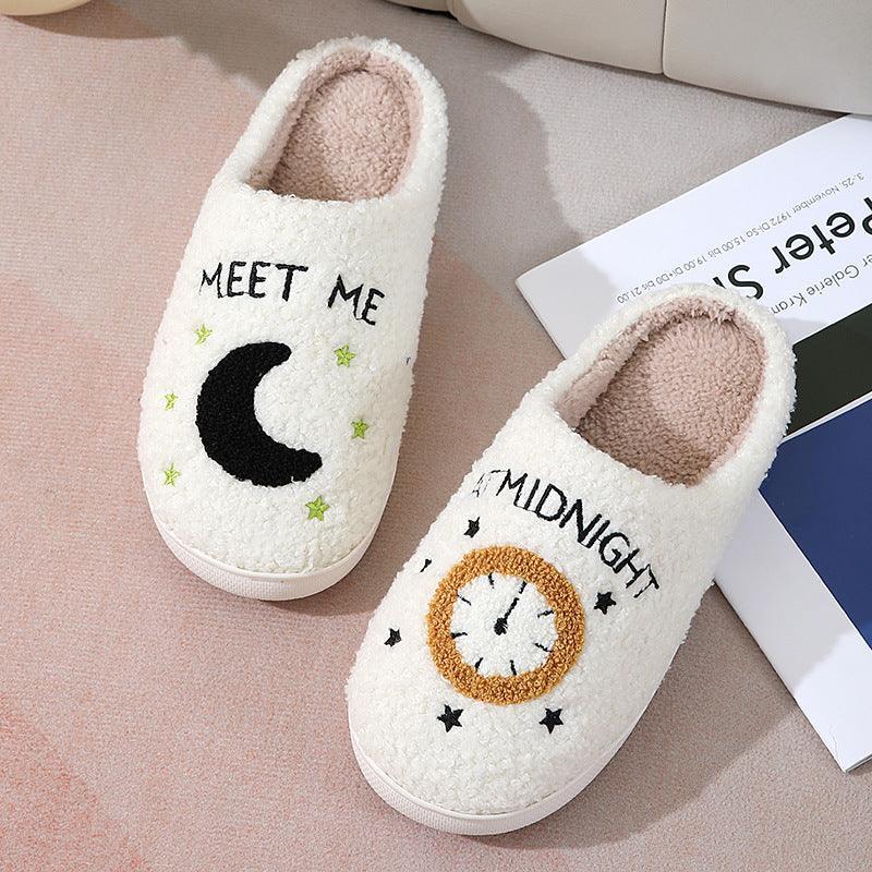 Moon And Clock Print Slipper Winter Warm Home Shoes Cute Bedroom Slippers - Homey Footwear