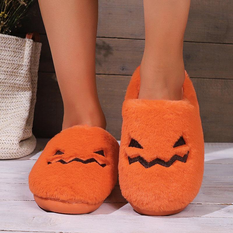 Cute Halloween Pumpkin Slippers Winter Warm Plush Bedroom Floor Home Slippers Casual Slip On Comfortable Cozy Indoor House Shoes - Homey Footwear