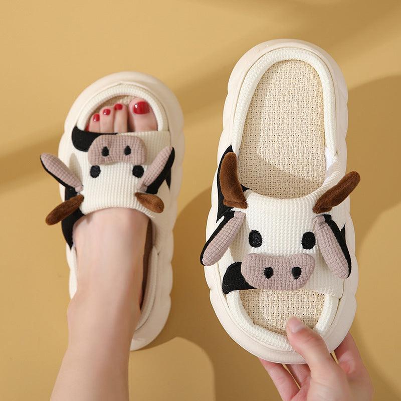 Cute Cartoon Cow Frog Slippers Linen Non-slip Shoes Indoor Garden Home Slippers - Homey Footwear