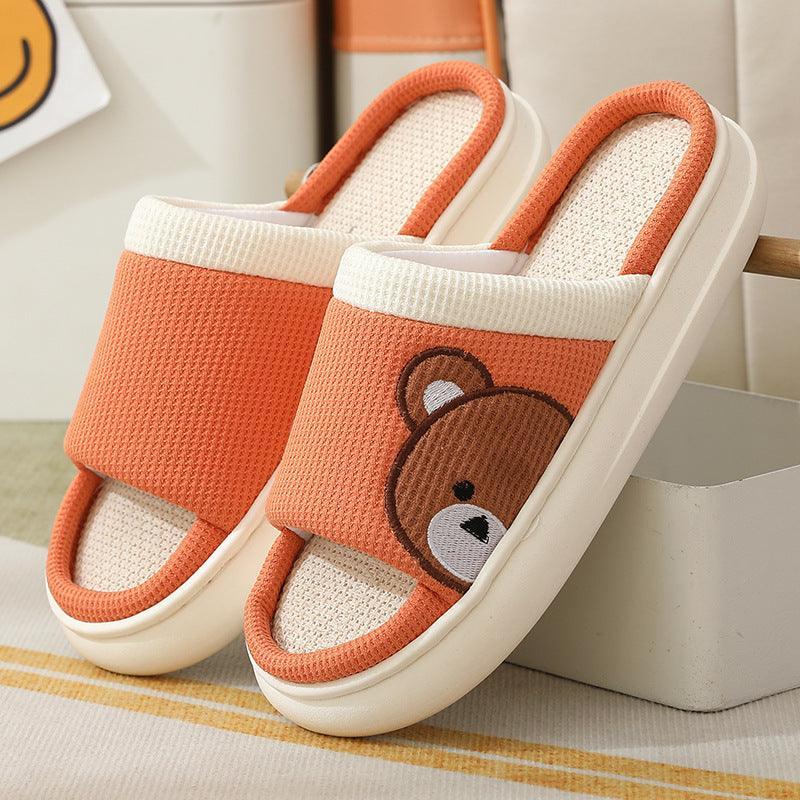 Cute Cartoon Bear Linen Slippers For Women Indoor Non-slip Sweat-absorbent Breathable Slip On Floor Bedroom Slipper House Shoes - Homey Footwear